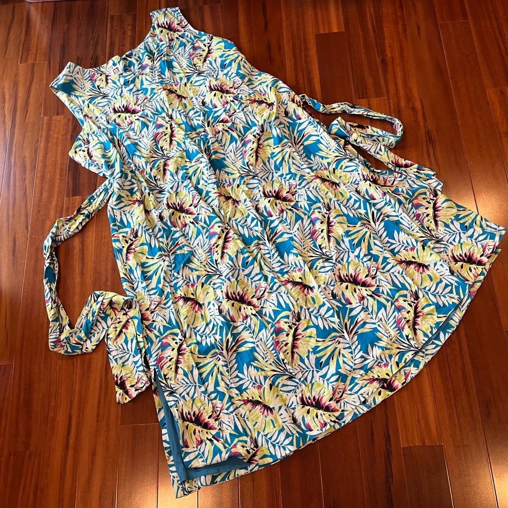 Anne Klein Linen Blend Dress Floral Maxi Sleeveless A-Line Waist Tie Plus Sz 3X